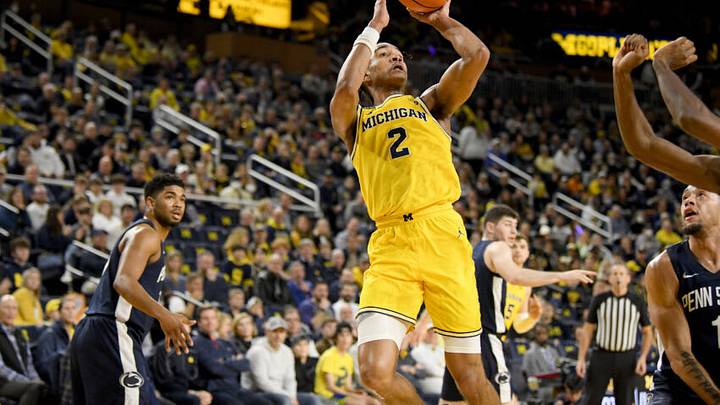 Jan 4, 2023; Ann Arbor, Michigan, USA; Michigan's Kobe Bufkin (2) shoots the ball against Penn State in the first half at Crisler Center. Mandatory Credit: Lon Horwedel-USA TODAY Sports